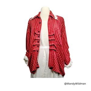 Womens handmade boyfriend shirt. Shabby chic blouse. Ruffles red plaid shirt. L.